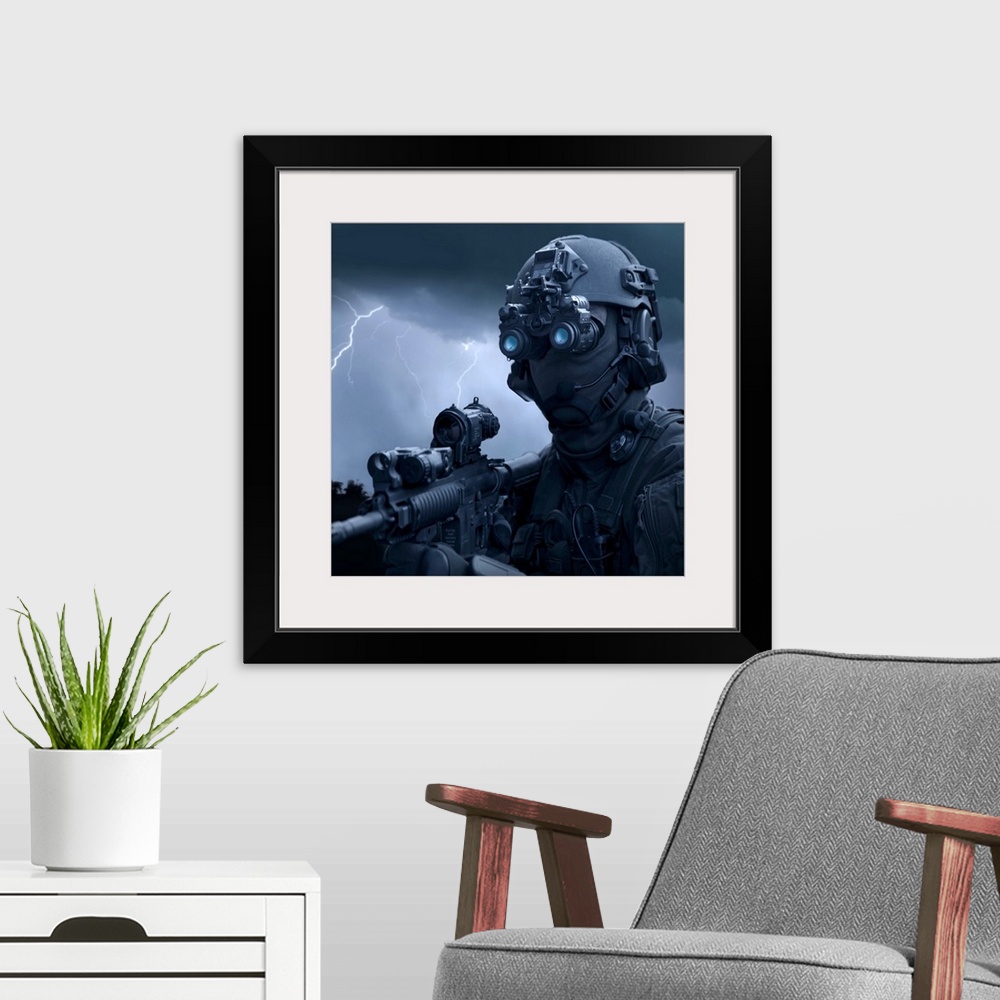 A modern room featuring Large horizontal photograph of a special operations soldier holding an HK416 assault rifle and we...