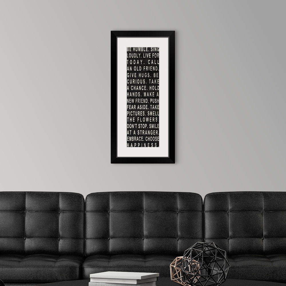 A modern room featuring Panoramic inspirational art filled with text describing how to be modest.  Artist places the ligh...