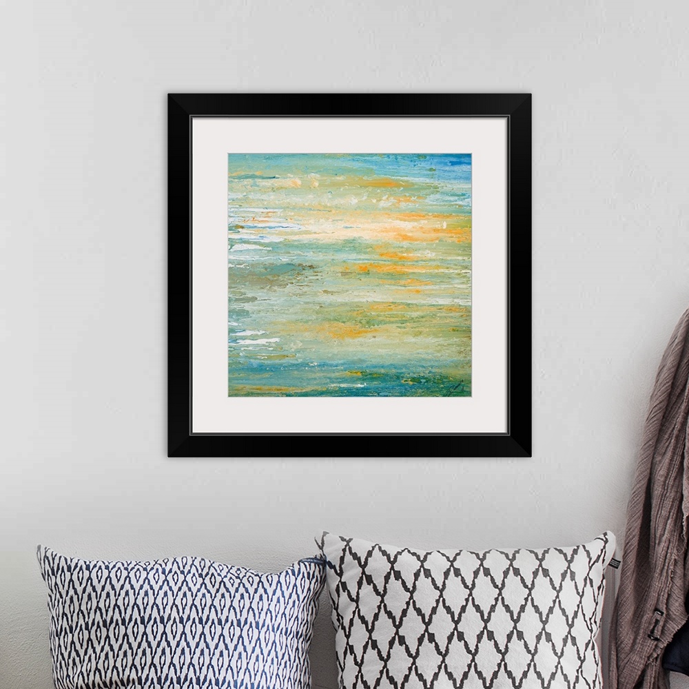 A bohemian room featuring Big art work for office or home docor this abstract painting shows streaks of earth tones becomin...