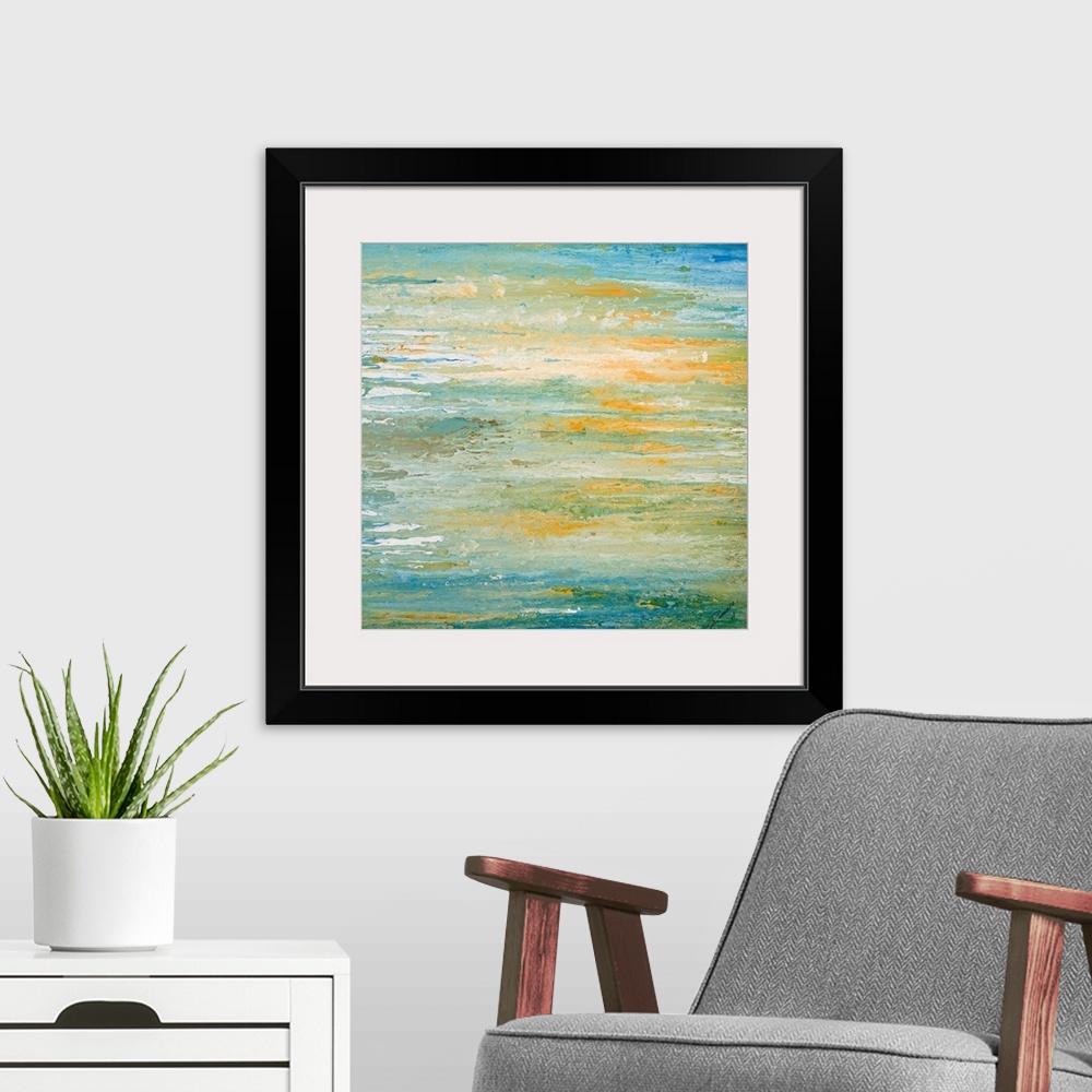 A modern room featuring Big art work for office or home docor this abstract painting shows streaks of earth tones becomin...
