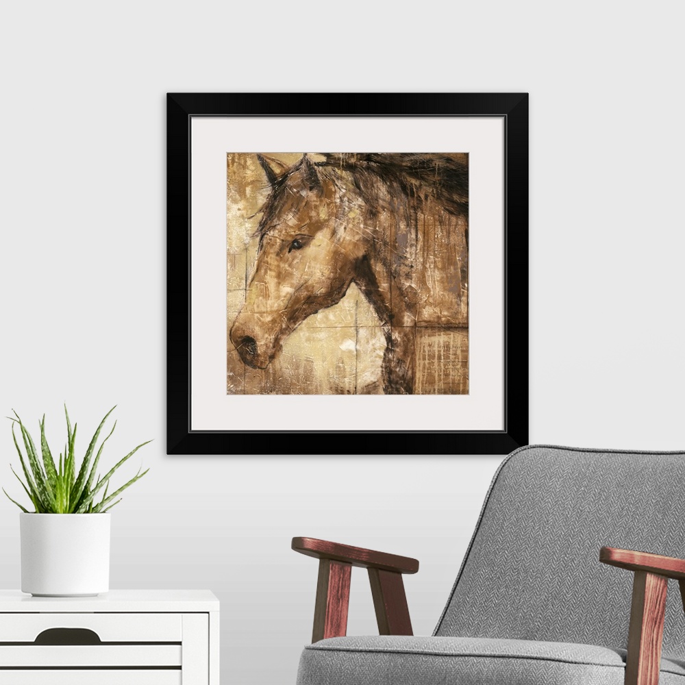 A modern room featuring A contemporary portrait of a horse available on square shaped wall art for the home or office.