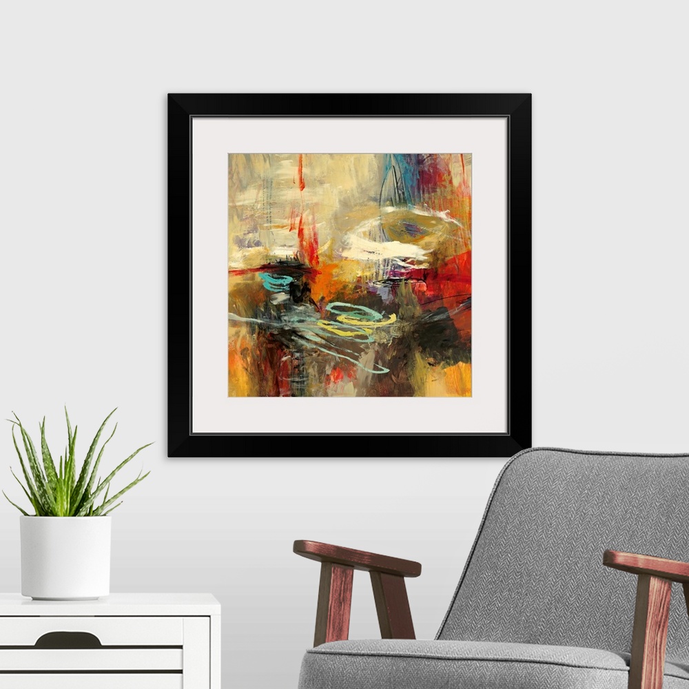 A modern room featuring A chaotic blend of brush strokes on a square canvas with a centered composition.