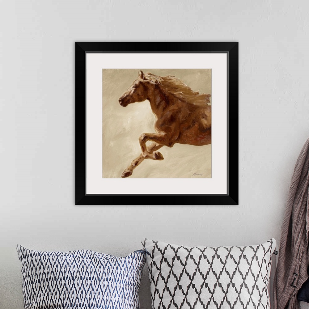 A bohemian room featuring This contemporary painting is square wall art for the home or office of the front half of a horse...
