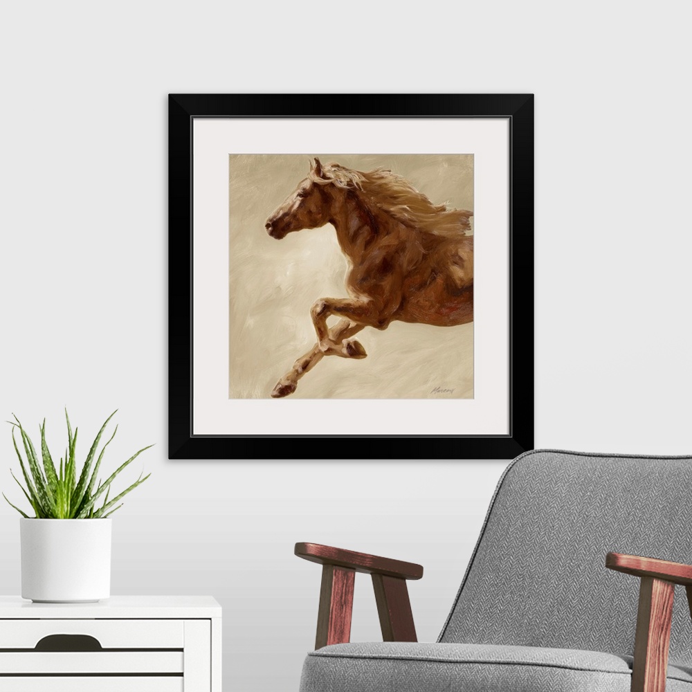 A modern room featuring This contemporary painting is square wall art for the home or office of the front half of a horse...