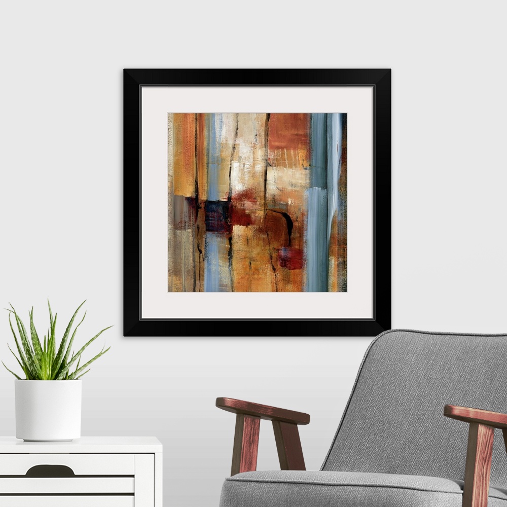 A modern room featuring This wall art is an abstract square painting of slates of brush strokes and paint textures.