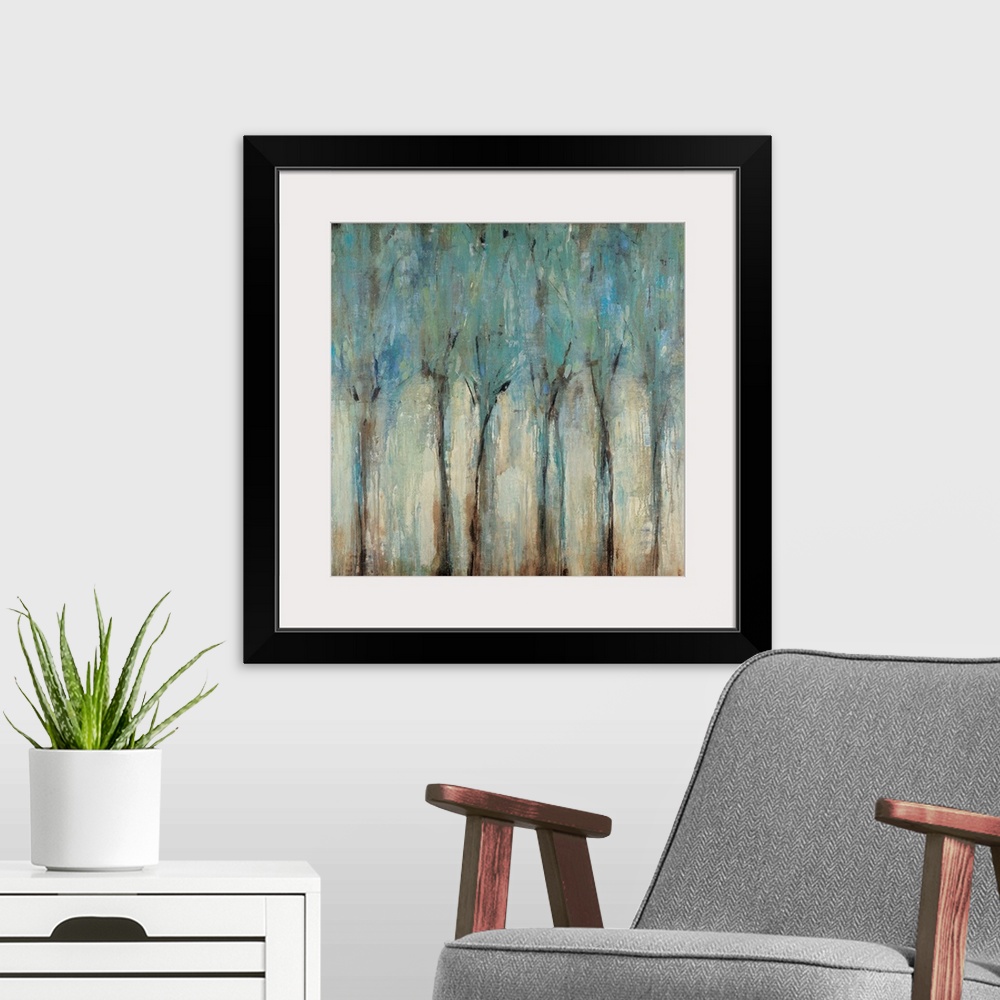 A modern room featuring An abstract square wall art painting with layers of messy paint arranged in vertical shapes remin...