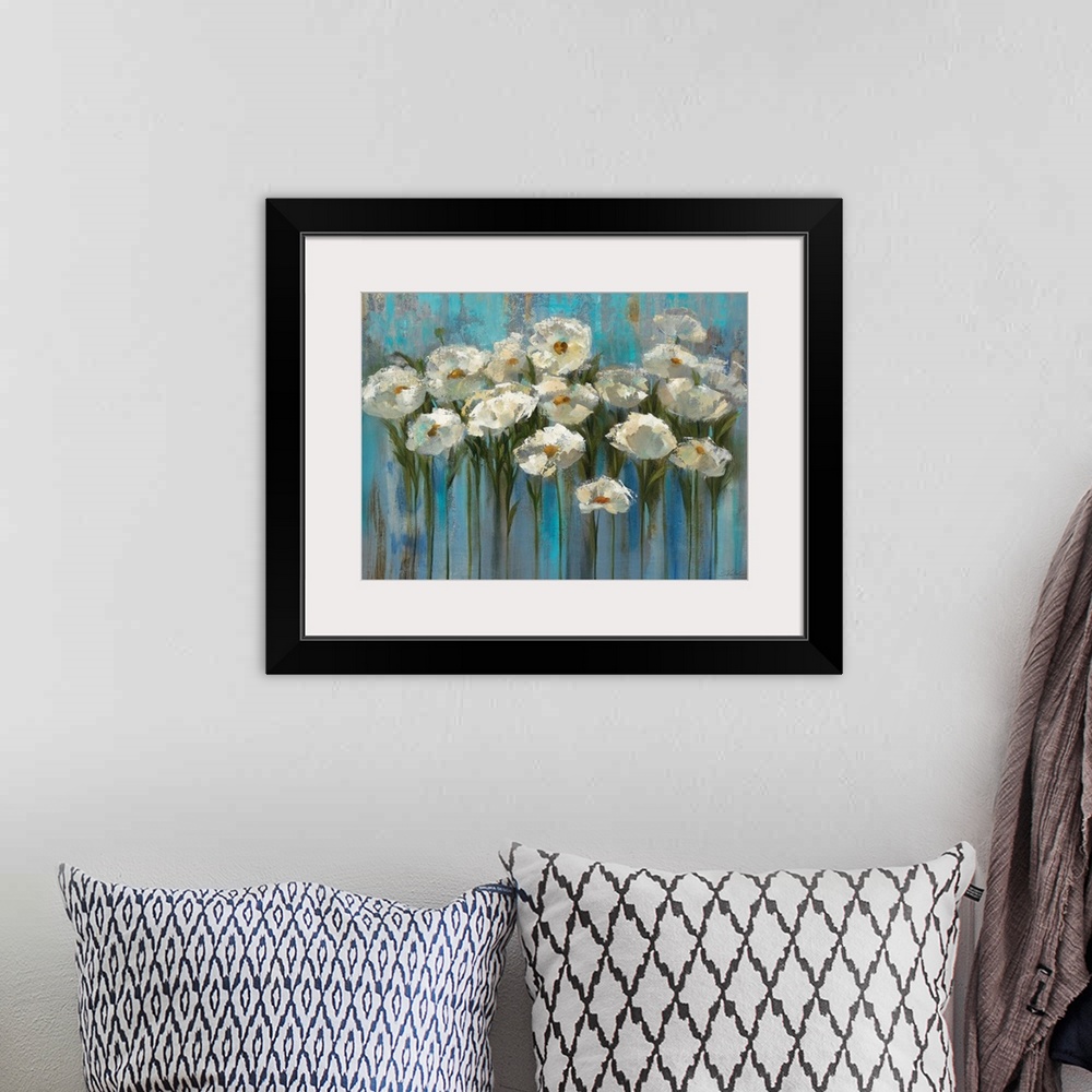 A bohemian room featuring Contemporary painting of flowers standing tall with an abstract background.