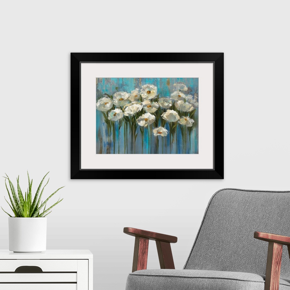 A modern room featuring Contemporary painting of flowers standing tall with an abstract background.