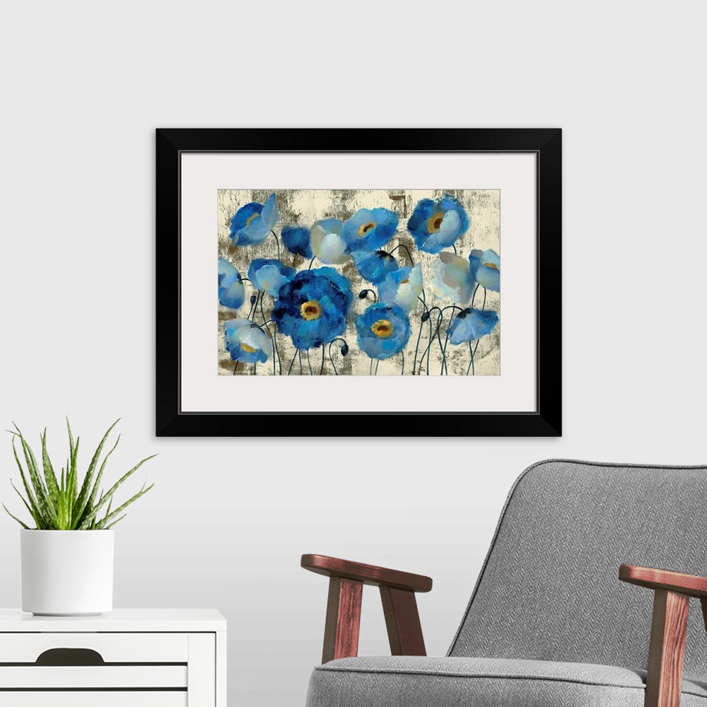 A modern room featuring Big contemporary art that illustrates flowers and flower buds against a rough background.