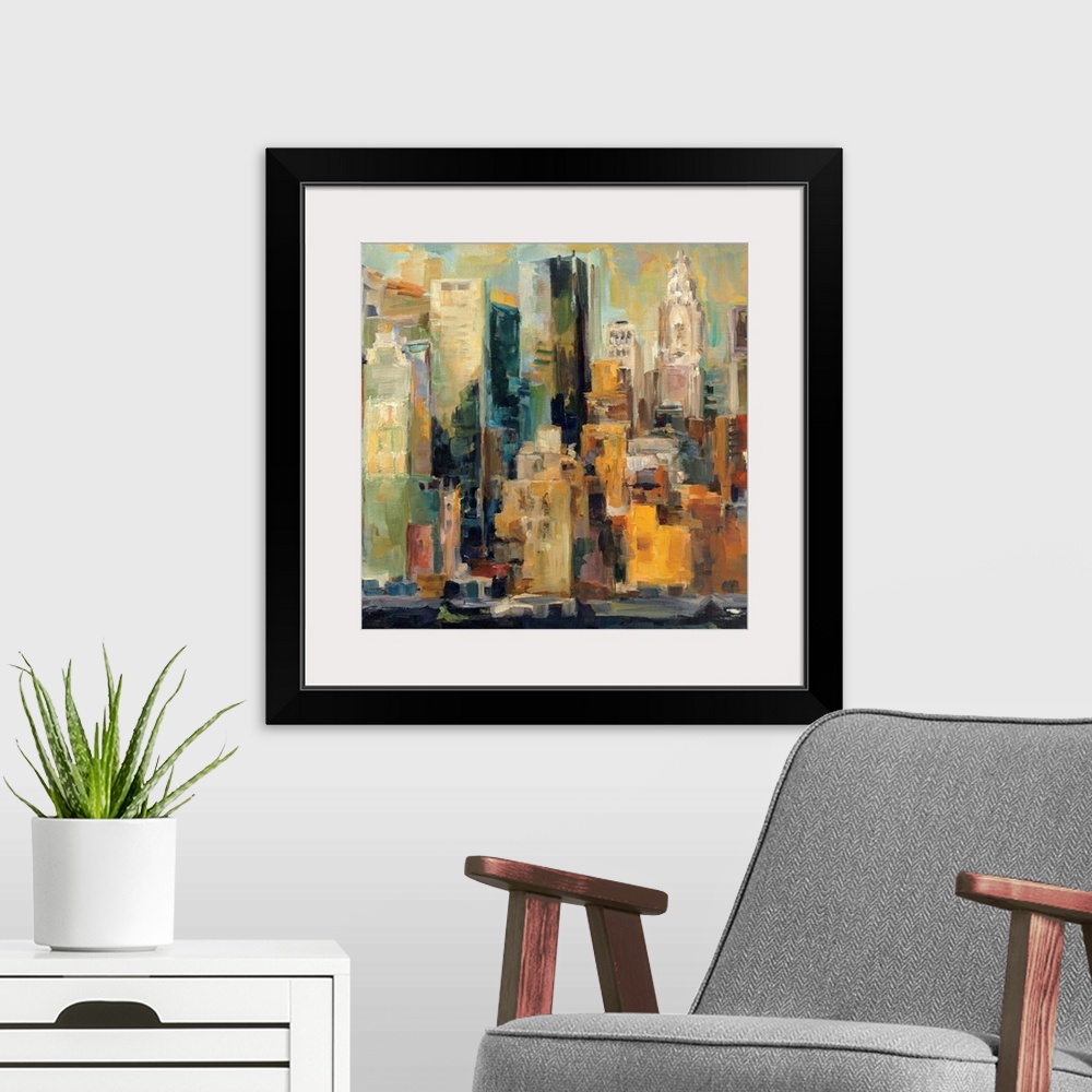 A modern room featuring A landscape painting of New York City on a square canvas; this painting gives the impression of l...