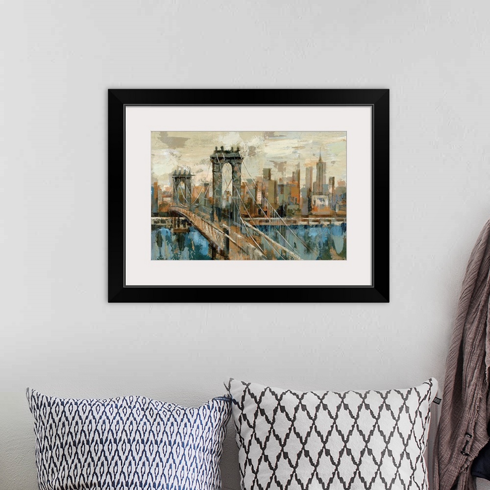A bohemian room featuring A contemporary painting of the New York City and a suspension bridge seen from an opposite shore ...