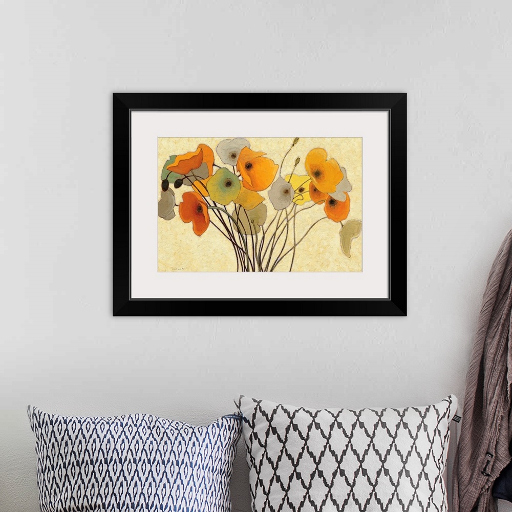 A bohemian room featuring Horizontal fine art painting of a bouquet of poppies in golden colors, on a lighter, neutral, bru...
