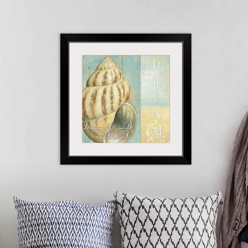 A bohemian room featuring Square, beach themed home art docor of a large shell on the left side against a wood textured bac...