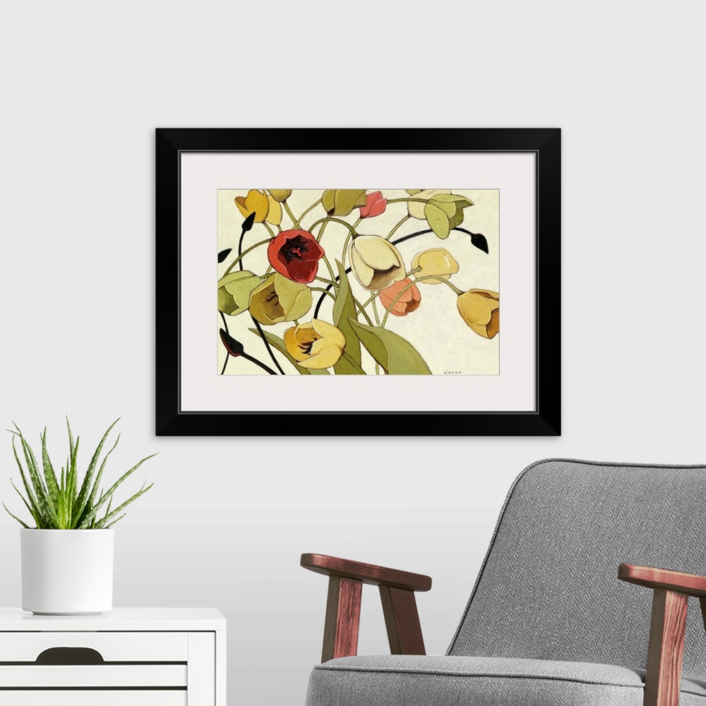 A modern room featuring Contemporary painting of flower blooming surrounded by their leaves and other flower buds.