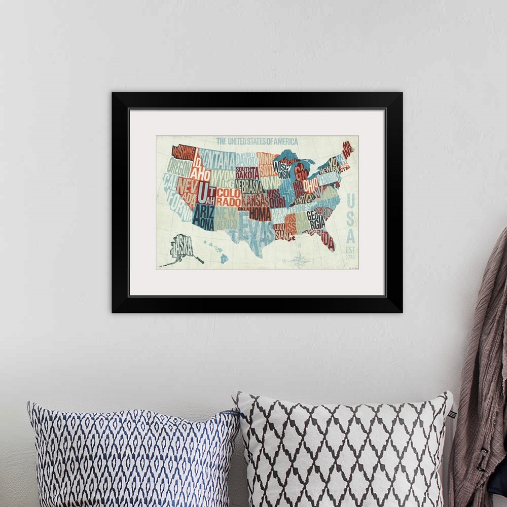 A bohemian room featuring Illustration of US map divided by state lines with the name of each state shaped into the boundar...