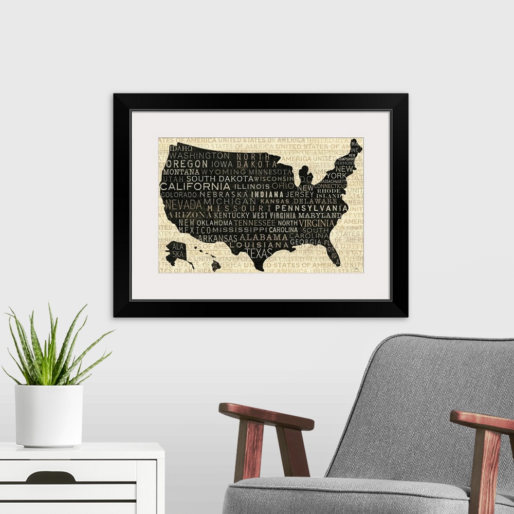 A modern room featuring Big illustration displays a silhouette of the United States with Alaska and Hawaii included in th...