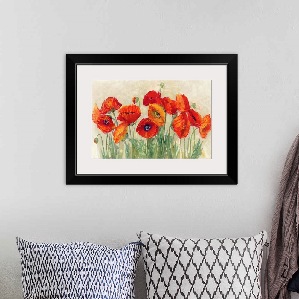 A bohemian room featuring Large contemporary piece of artwork that displays the beauty of a group of poppies.