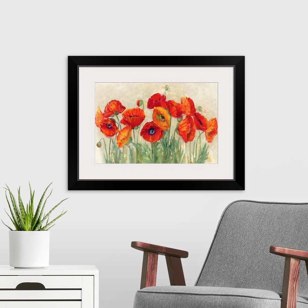 A modern room featuring Large contemporary piece of artwork that displays the beauty of a group of poppies.