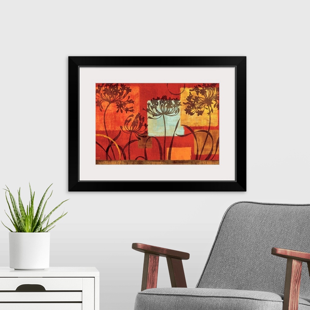 A modern room featuring Giant, horizontal home art docor.  Four dark flowers in front of squares of various sizes and col...