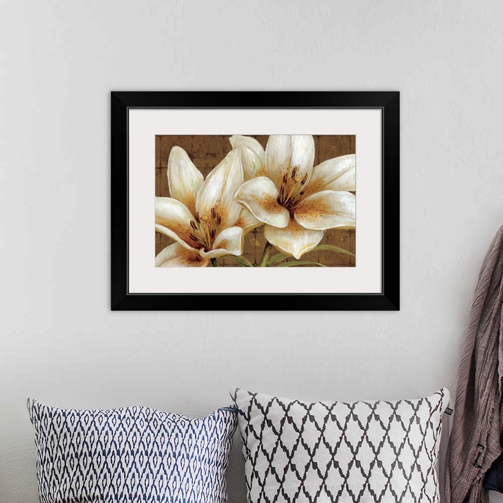 A bohemian room featuring Oversized landscape painting of two large white lily flowers on a neutral tiled background.