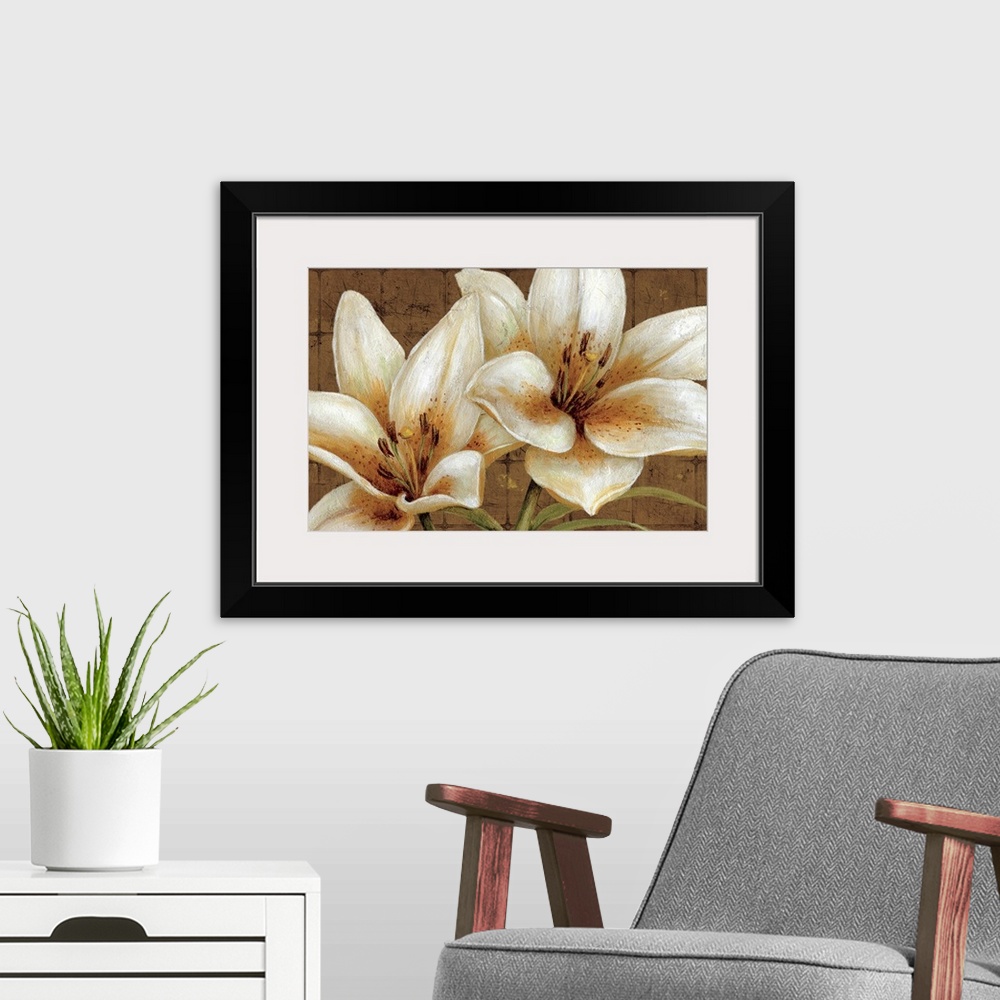 A modern room featuring Oversized landscape painting of two large white lily flowers on a neutral tiled background.