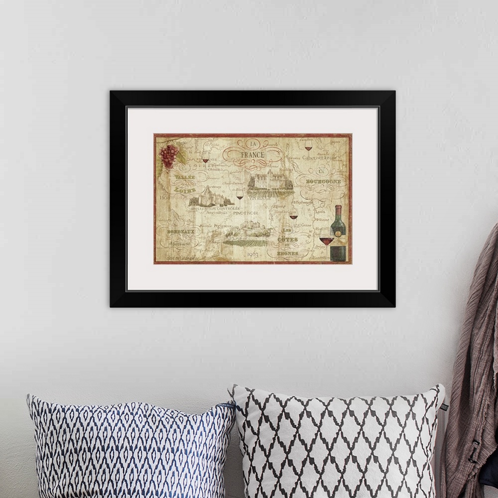 A bohemian room featuring Landscape, large docor wall art of a French wine map.  Various text lists different types of wine...