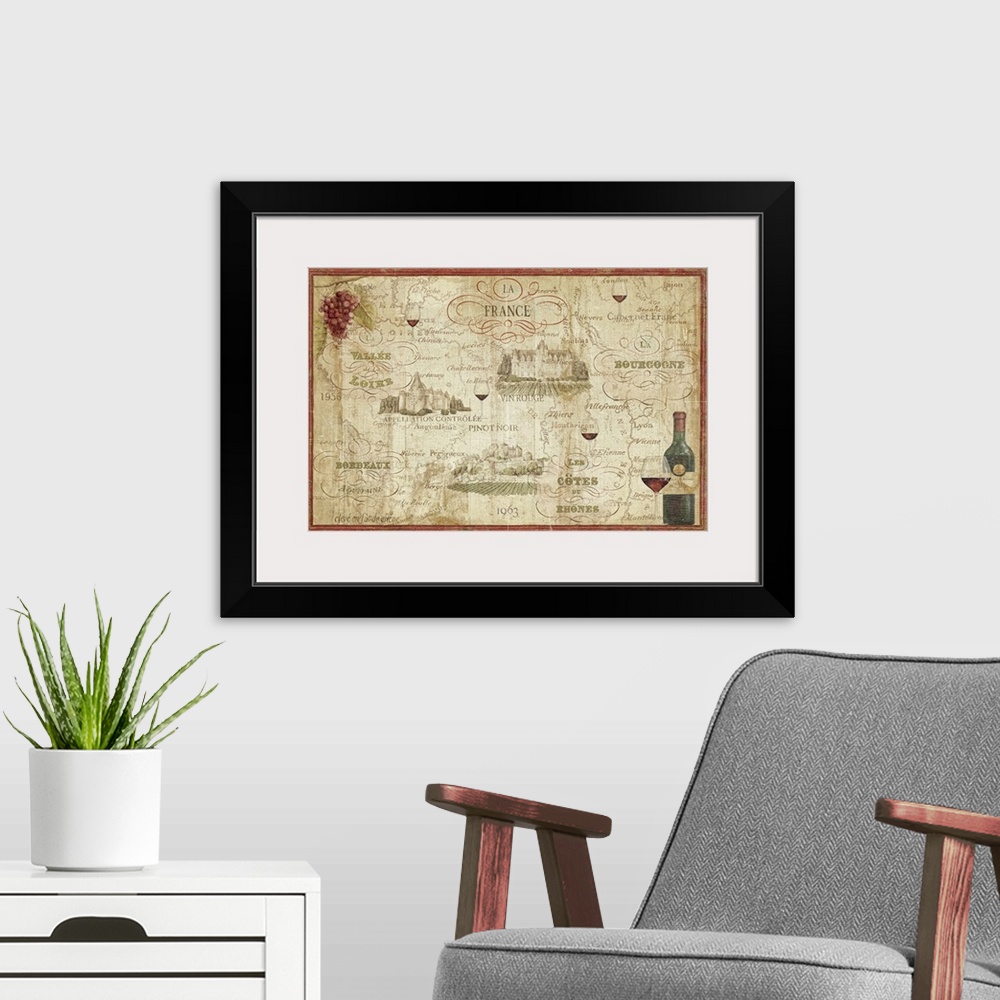 A modern room featuring Landscape, large docor wall art of a French wine map.  Various text lists different types of wine...