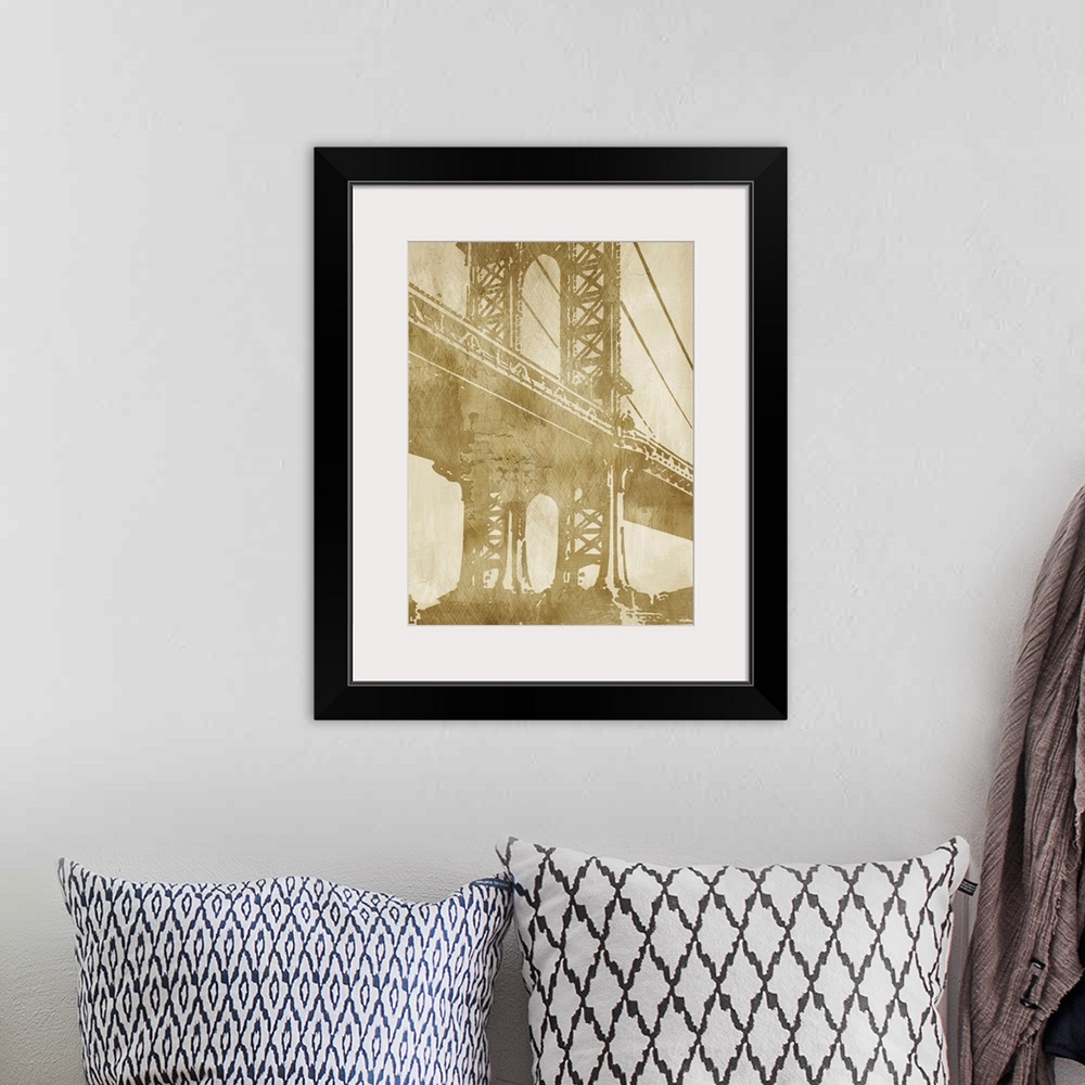 A bohemian room featuring Vertical wall art for the home or office of a latticed iron work tower on a suspension bridge ill...