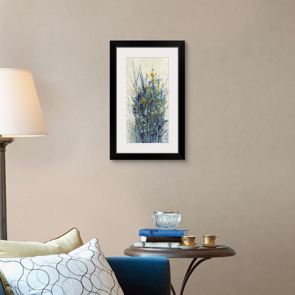 A traditional room featuring Contemporary abstract artwork using dark cool tones in wispy line strokes creating what looks lik...