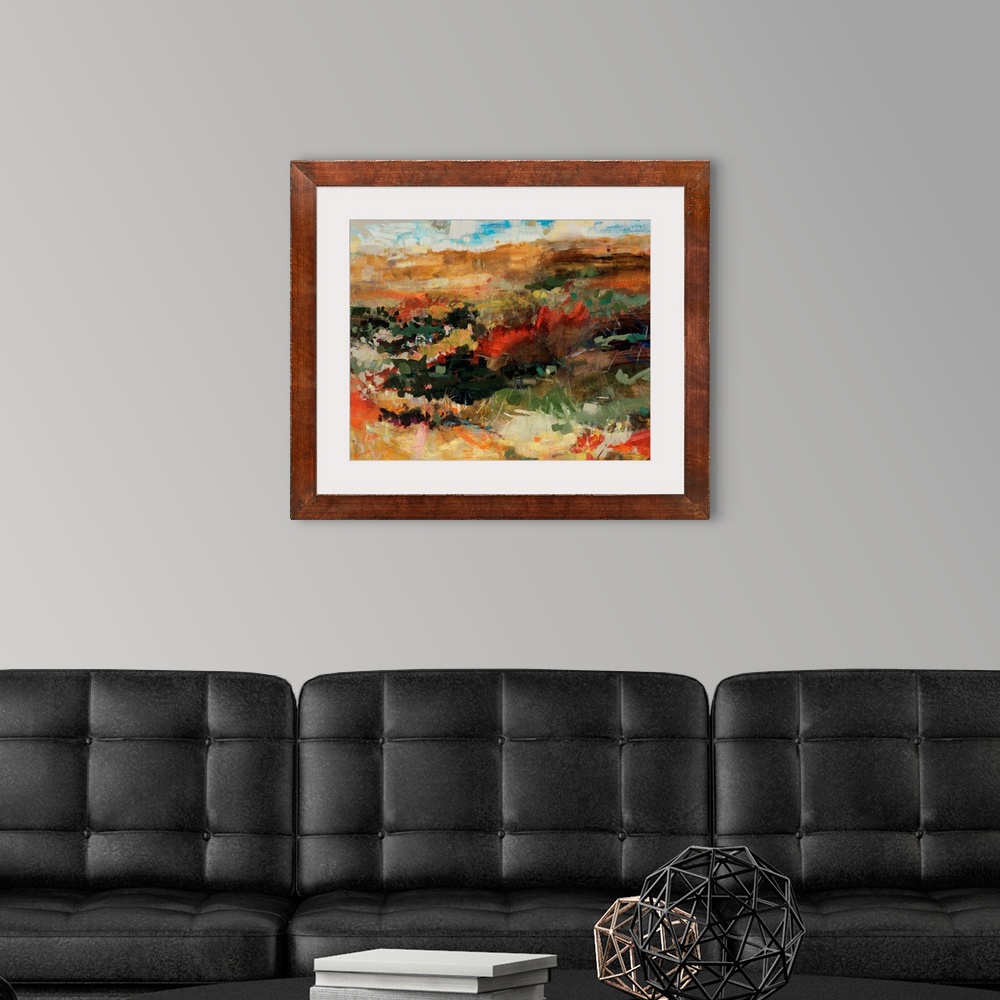 A modern room featuring Contemporary abstract painting that portrays flowers in a field with mountains in the distance un...