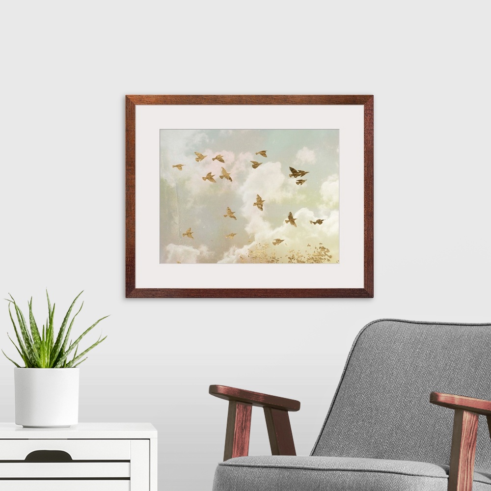 A modern room featuring Gold birds in flight in a cloudy sky with bright sunlight.