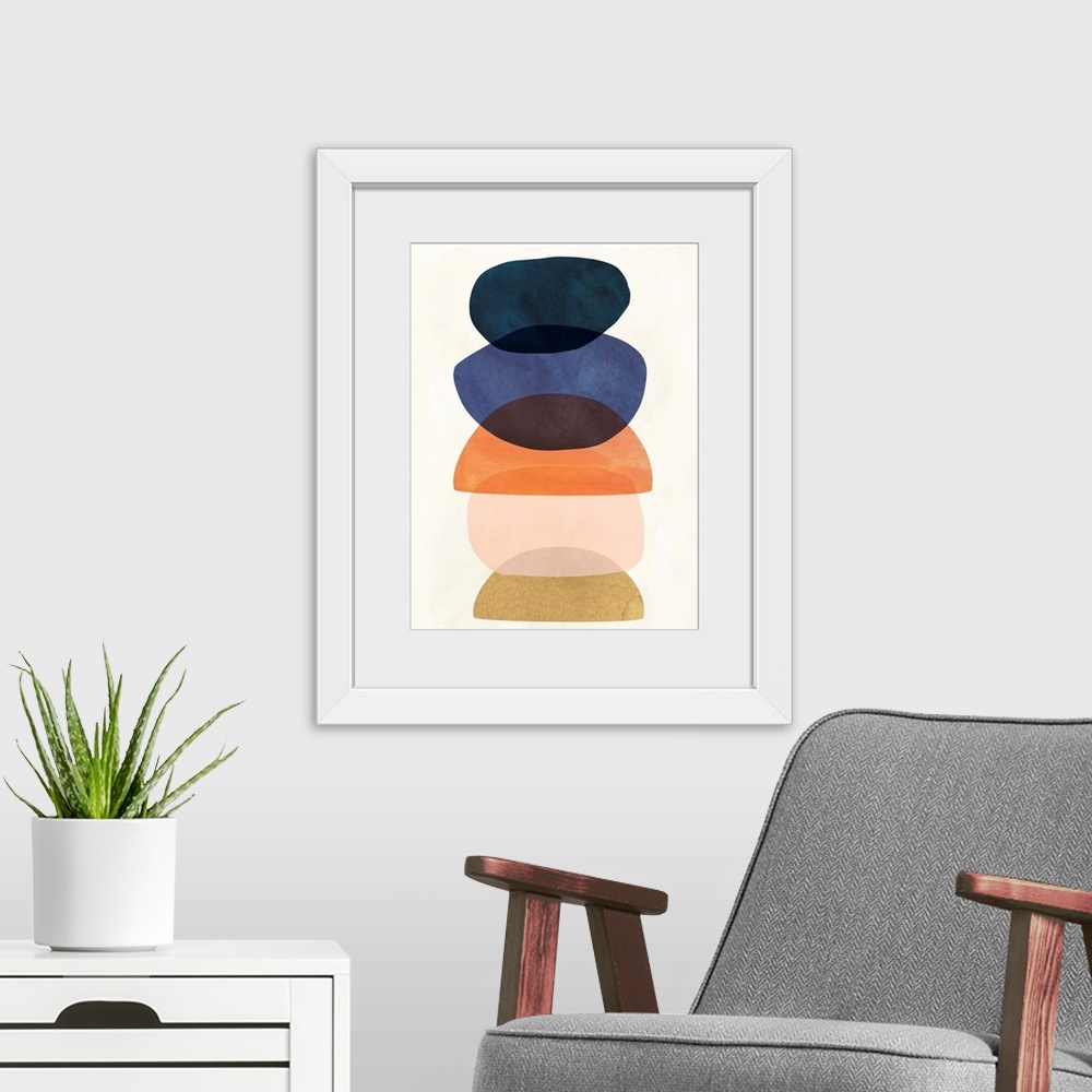 A modern room featuring Mid-century modern style abstract painting with multi-colored overlapping shapes.