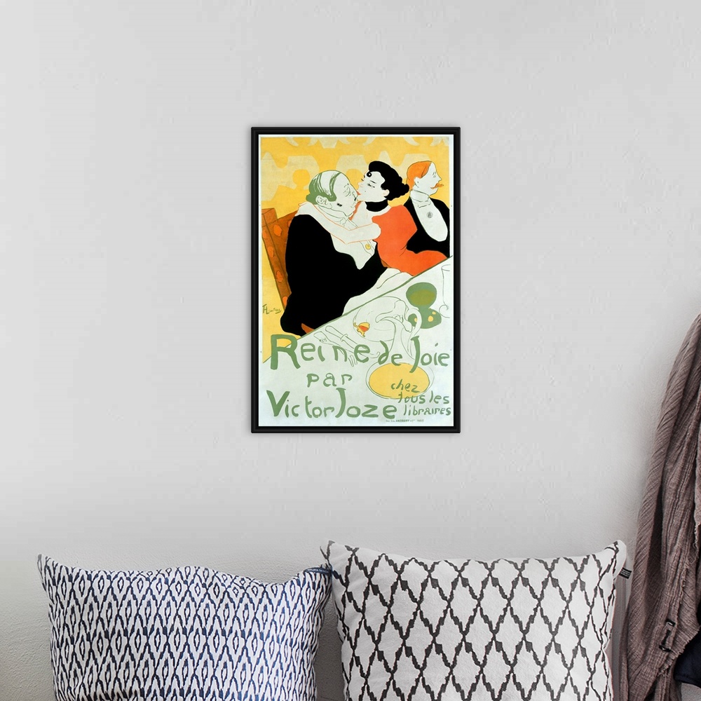 A bohemian room featuring Old advertising poster with a couple kissing at a dinner table.  The artist is know for his spiri...