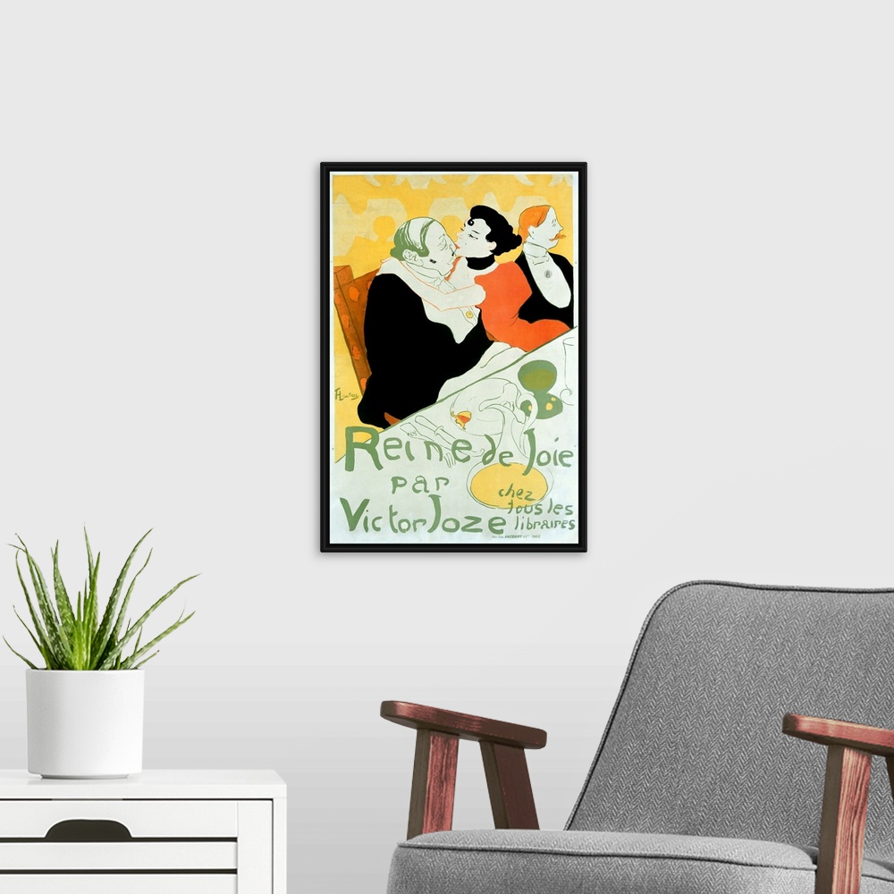 A modern room featuring Old advertising poster with a couple kissing at a dinner table.  The artist is know for his spiri...