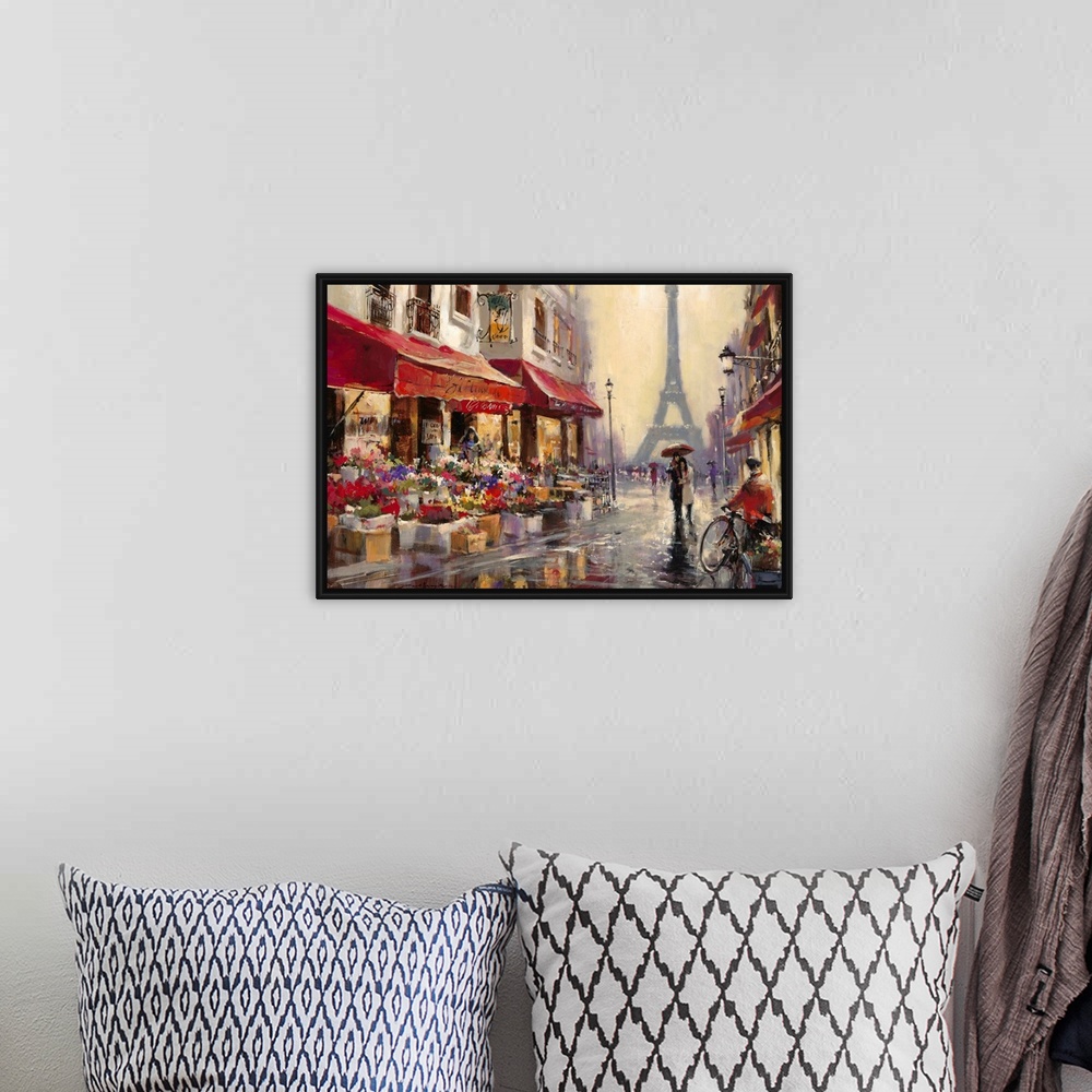 A bohemian room featuring Contemporary painting of a view of the city streets of Paris, with the Eiffel Tower in the backgr...