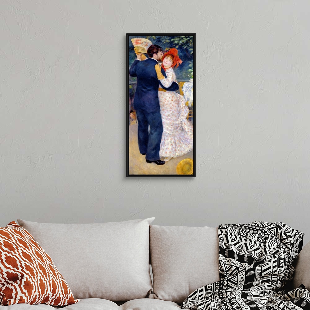 A bohemian room featuring This large oil painting is of a couple dancing with a table and foliage just behind them. The man...