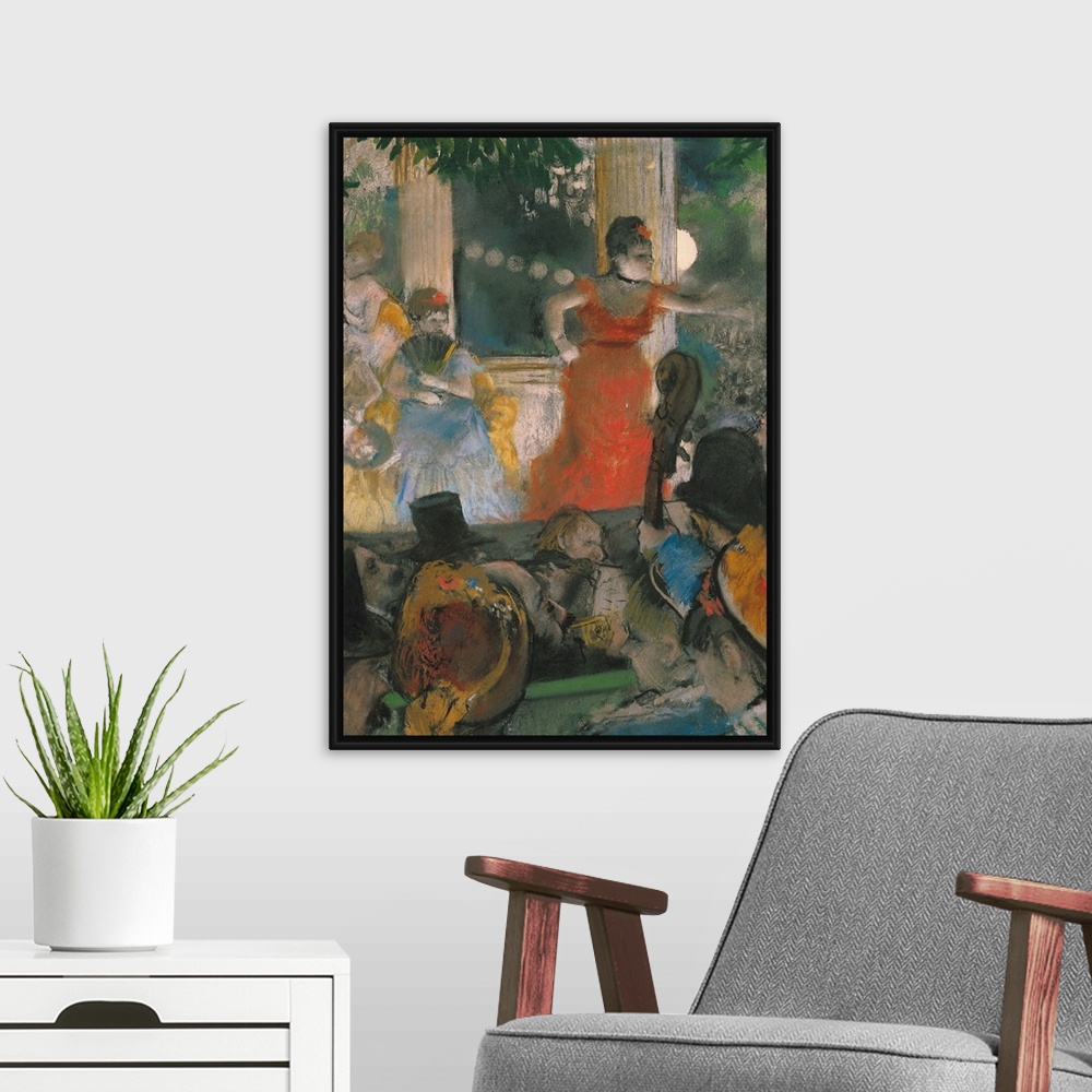 A modern room featuring A piece of classic artwork that has a crowd in the foreground of the painting and women in gowns ...