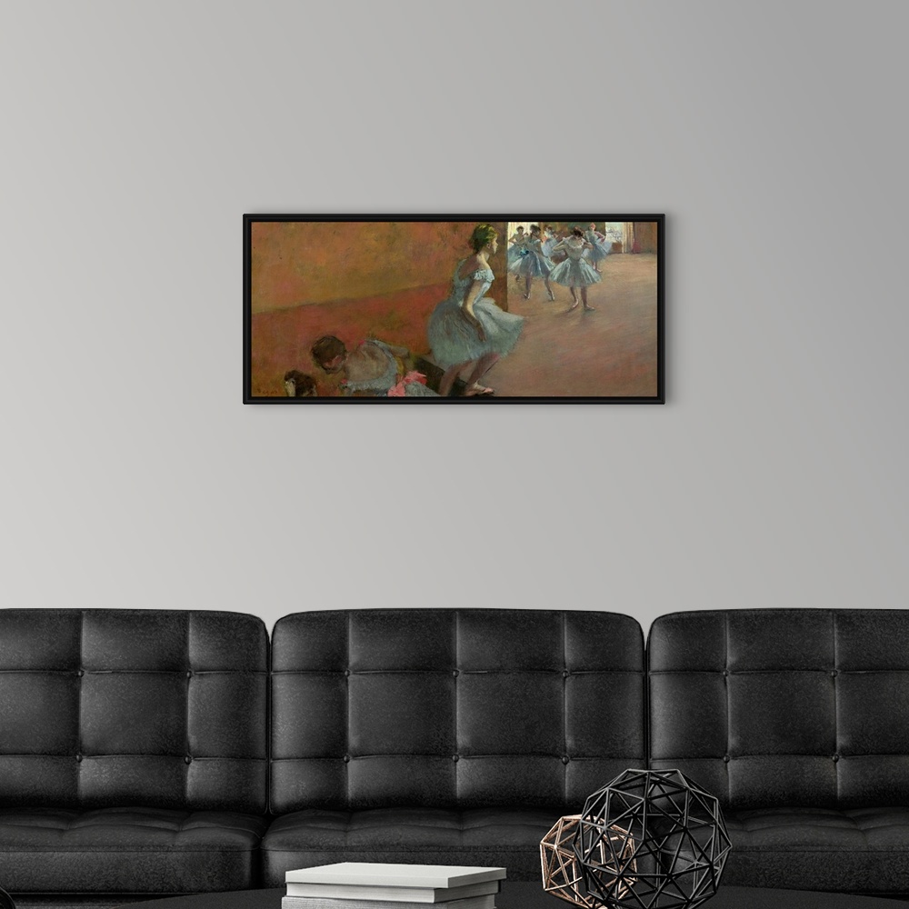 A modern room featuring Painting by Edgar Degas of ballerinas practicing in a room while other dancers climb stairs to jo...