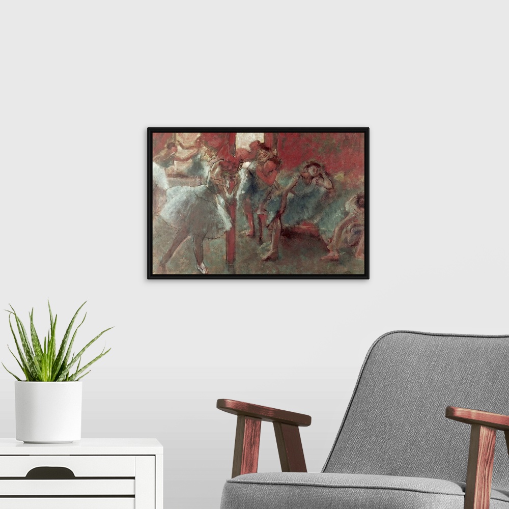 A modern room featuring A large classic artwork piece of ballerinas in a dance studio with some practicing while others a...