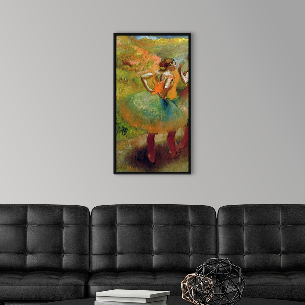 A modern room featuring This piece of classic artwork has two dancers both wearing full ballerina skirts with one of the ...