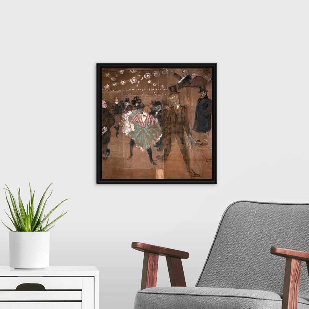 A modern room featuring Painting of a dancehall filled with dancers under bright lights with a balcony of people overlook...