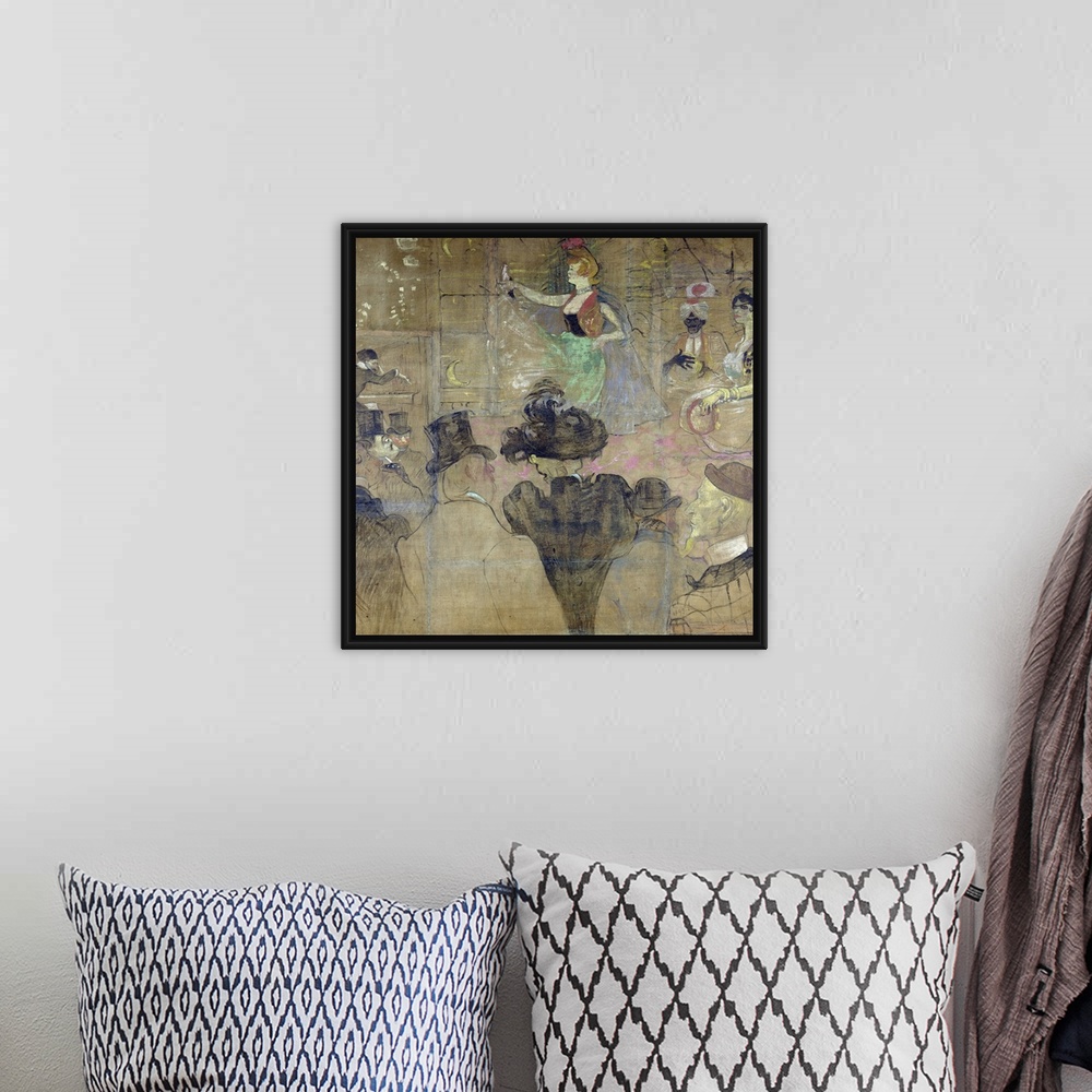 A bohemian room featuring This square wall art is a painting of a cabaret dancer in a French nightclub surrounded by musici...