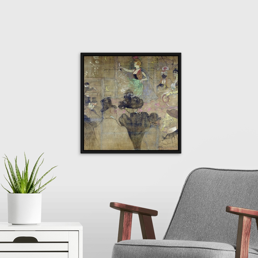 A modern room featuring This square wall art is a painting of a cabaret dancer in a French nightclub surrounded by musici...