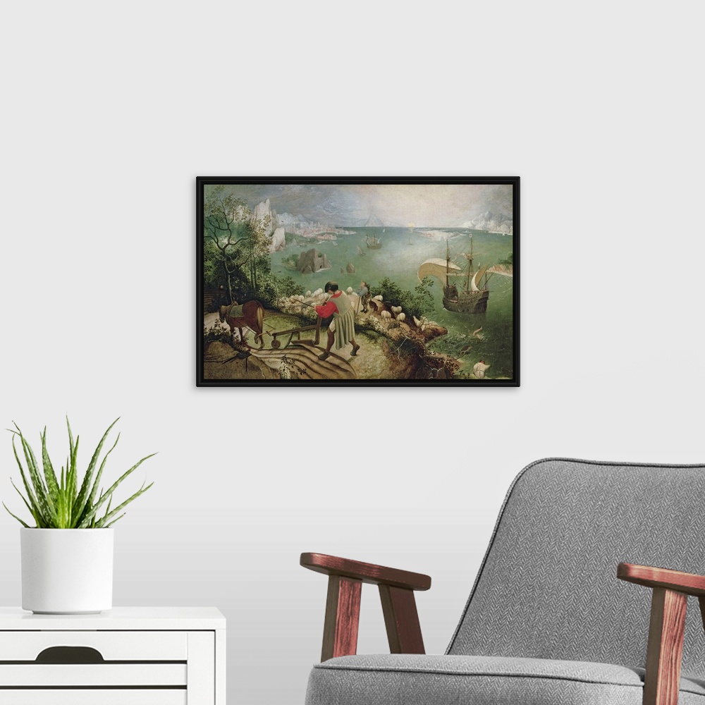 A modern room featuring XIR3675 Landscape with the Fall of Icarus, c.1555 (oil on canvas)  by Bruegel, Pieter the Elder (...