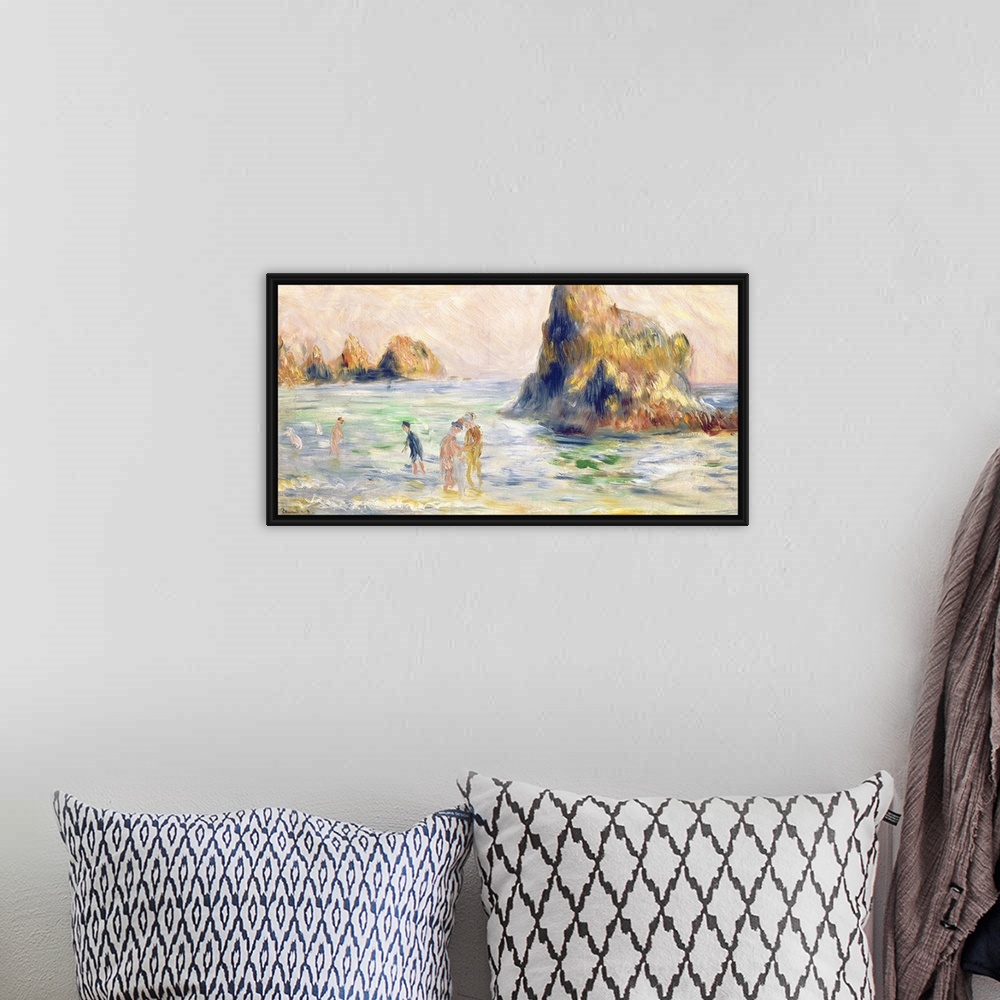 A bohemian room featuring Large classic art composed of a set of couples as they enjoy the gentle waves crashing into them ...