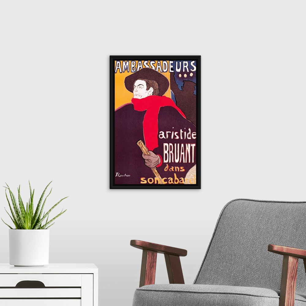 A modern room featuring Large classic art depicts an advertisement for a singing performance to be held at a nightclub in...