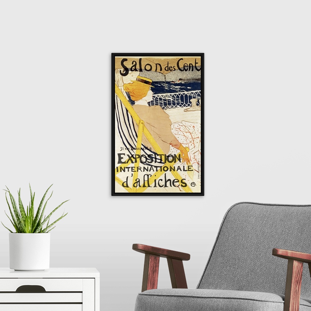 A modern room featuring Vintage color lithograph advertising the International Exhibition of Posters by Henri de Toulouse...