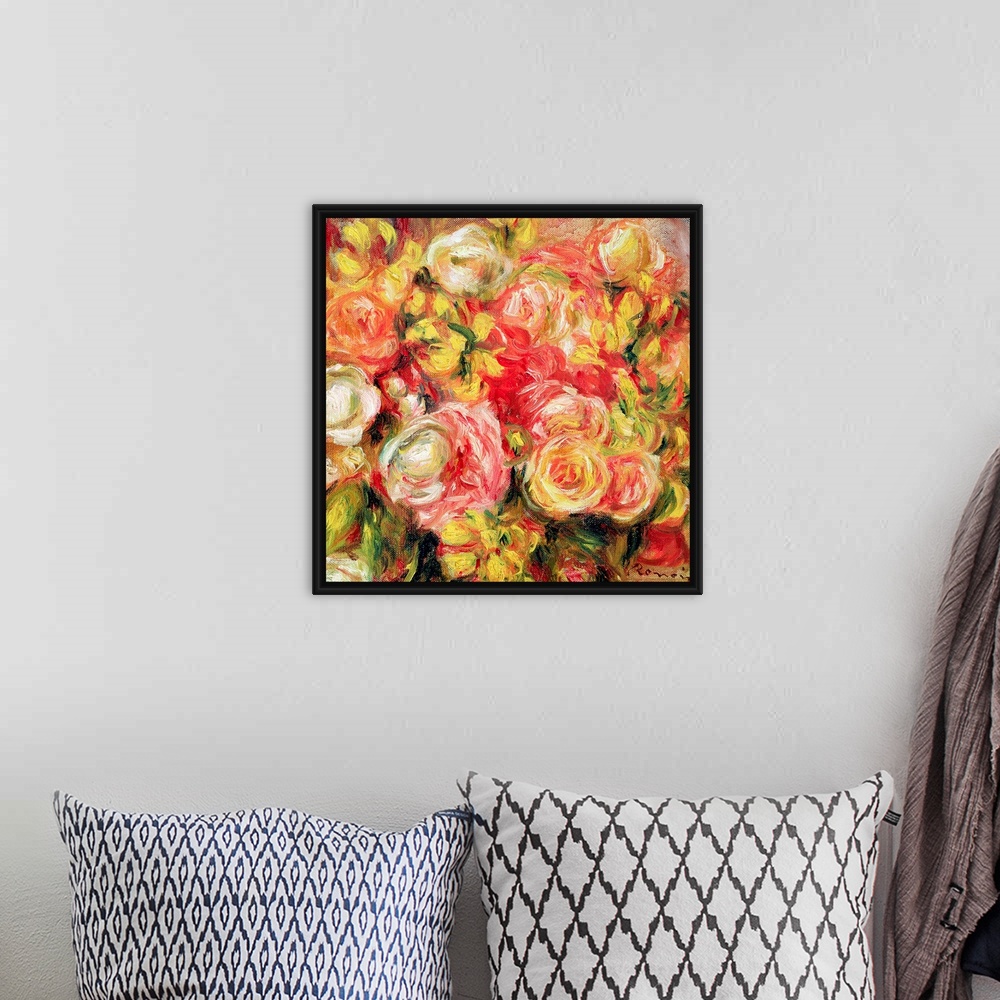 A bohemian room featuring Oil painting on canvas of a bunch of warm toned roses.