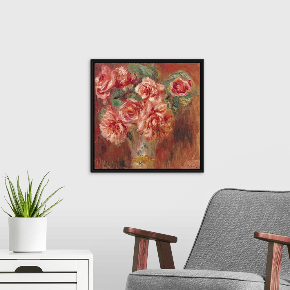 A modern room featuring Giant, landscape, classic floral painting of large, full roses and leaves in a vase, on a  warm b...