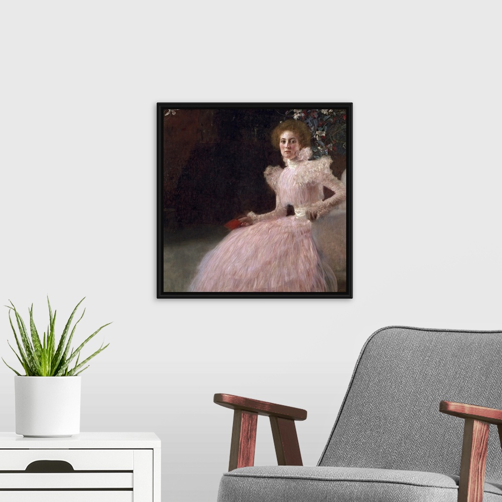 A modern room featuring A classic artwork piece that shows a woman sitting in a chair that is leaning forward wearing a p...